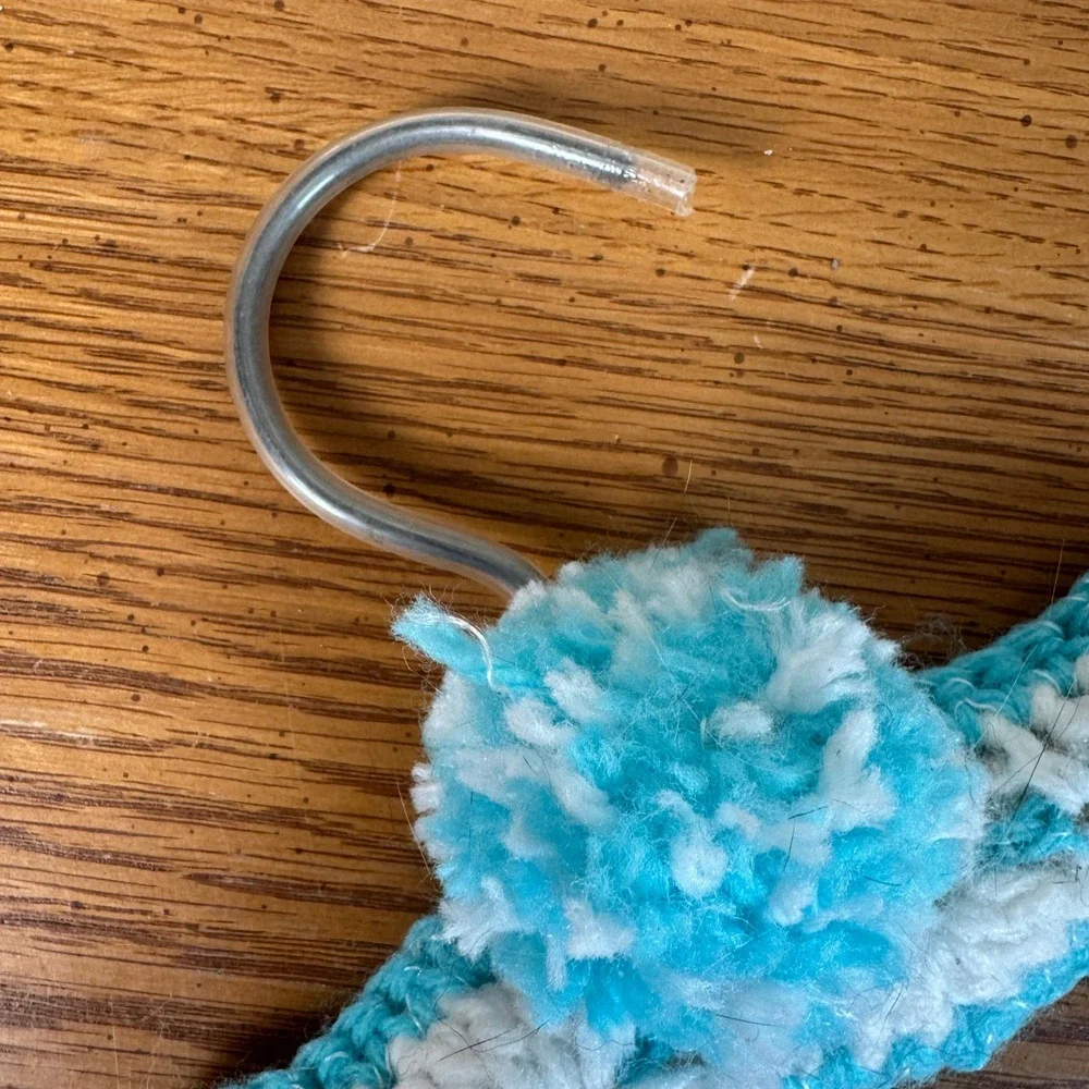 Vintage Handmade Crochet Padded Clothes Hanger Blue White Knit Pom Pom 16.5 Inch